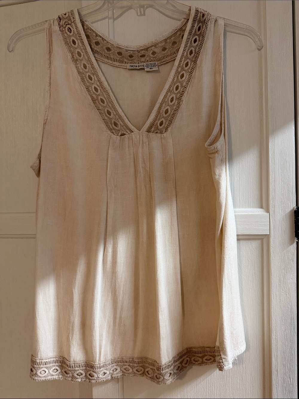 Rays Sun  Neutral Cream Embroidered V-Neck top